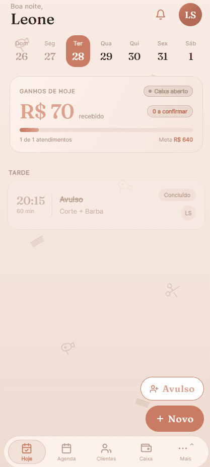 A mesma tela no modo Salão: paleta, fonte e ícones trocam em runtime